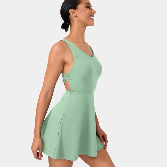 HALARA Dresses & Skirts - NWT Halara green Jade Crisscross Backless Flare  Dance Active Dress S